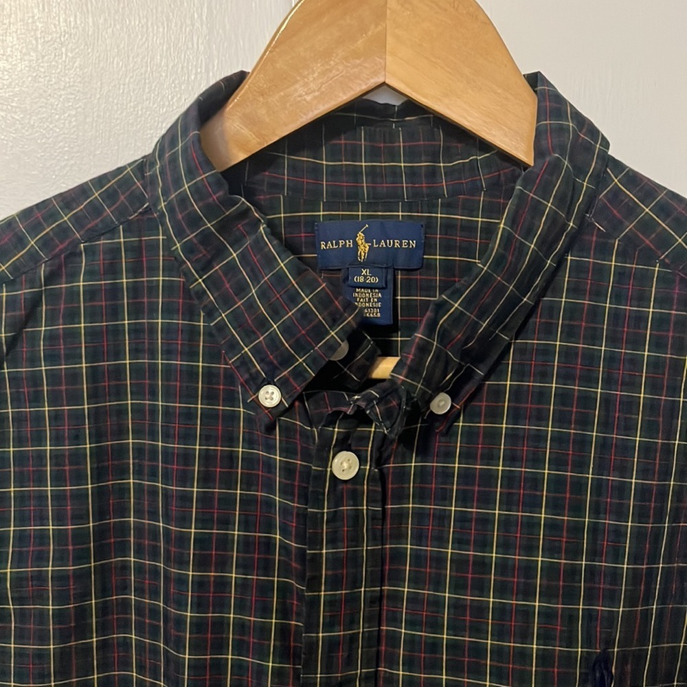 Ralph Lauren Plaid Button Down Dress Shirt Boy's XL 18-20 Windowpane - Picture 2 of 8